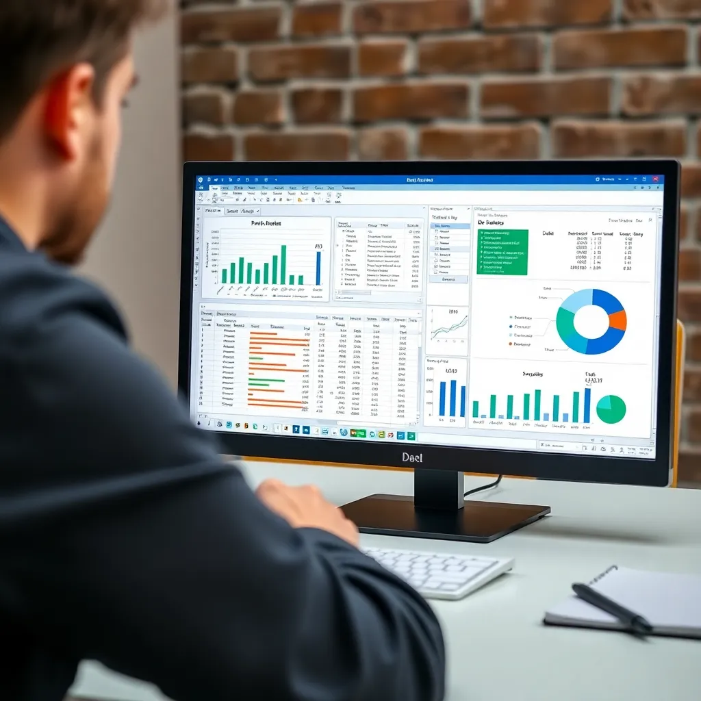 Študent pracujúci na analýze dát v Exceli s grafmi a tabuľkami
