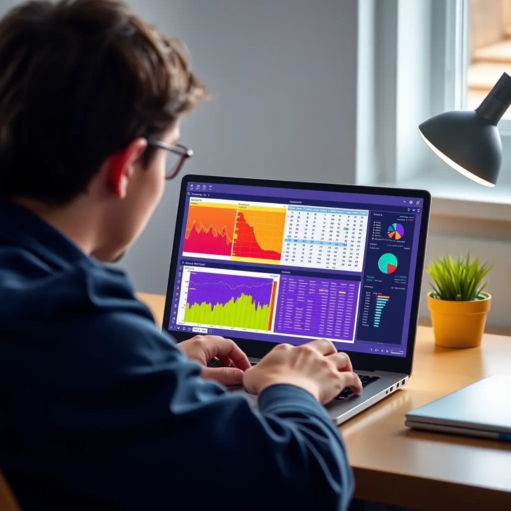 Študent analyzujúci dáta na laptope s vizualizáciami